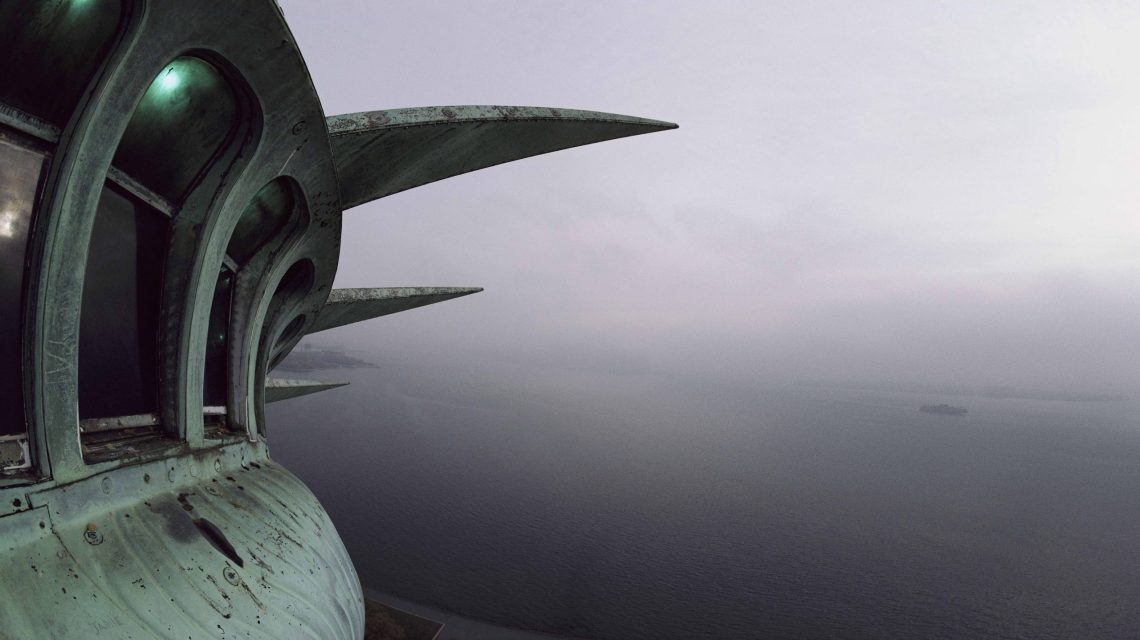 View of New York Harbor from the top of the Statue of Liberty.